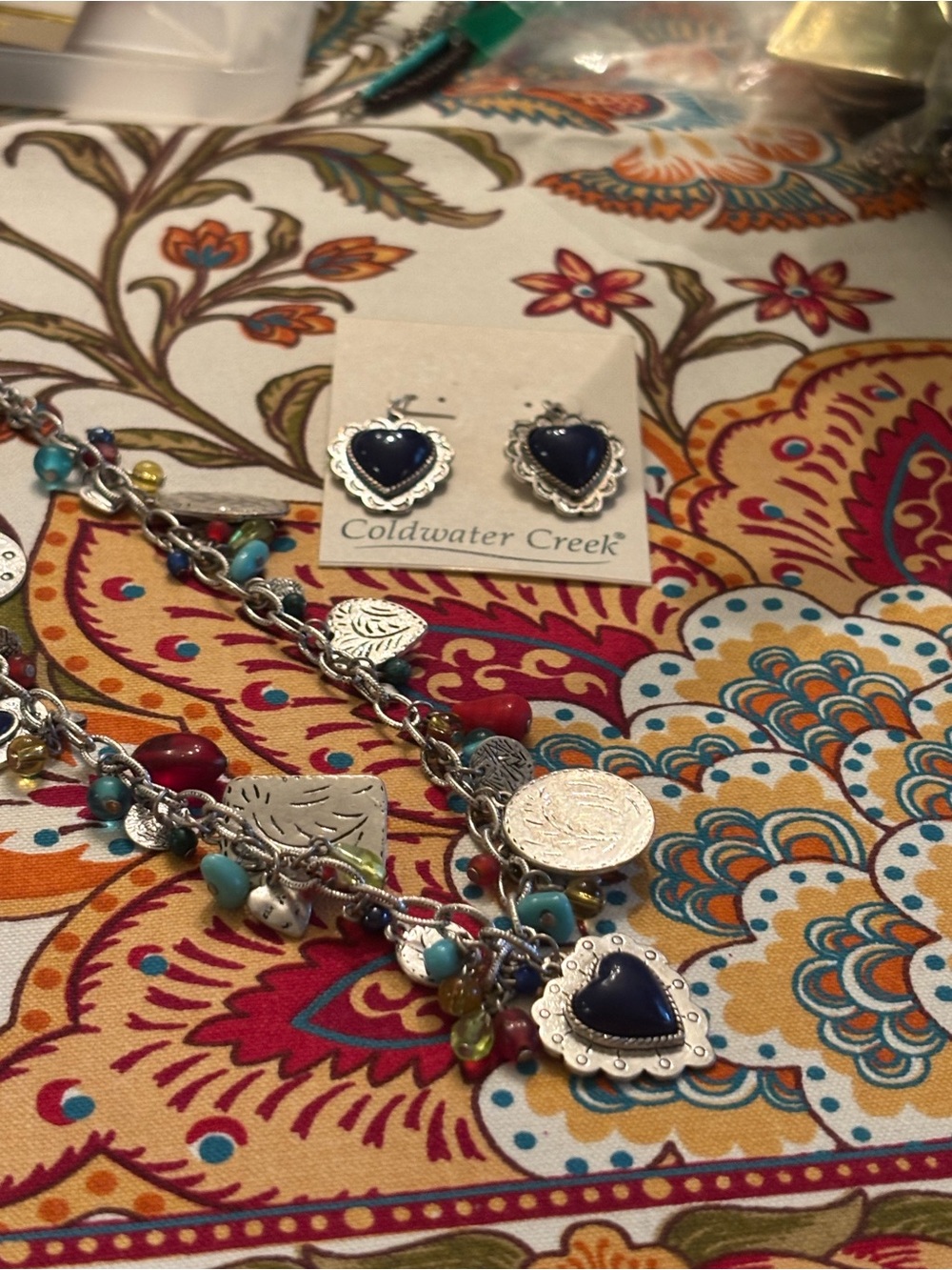 Coldwater Creek Navy Heart Silver-Tone Stud Earrings and necklace.